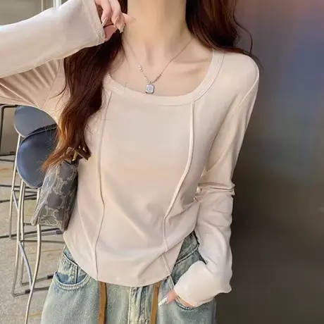 方领正肩长袖T恤女2023新款秋装韩版洋气减龄修身内搭打底衫上衣图片