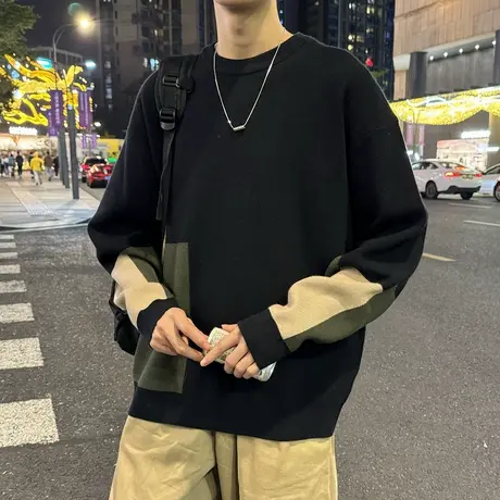 唐狮2024秋冬新款毛衣男士商务休闲色块撞色拼接圆领针织上衣宽松图片