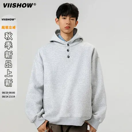 VIISHOW高街复古纽扣连帽卫衣男女潮牌宽松纯色基础百搭套头帽衫商品大图