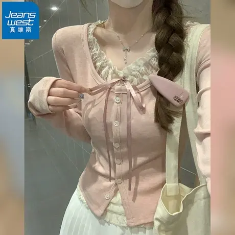 NR真维斯粉色假两件长袖针织T恤女装秋季学生小个子蕾丝拼接上衣商品大图