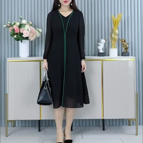 加肥加大宽松连衣裙女2023秋季新撞色减龄洋气遮肉显瘦长袖打底裙商品大图