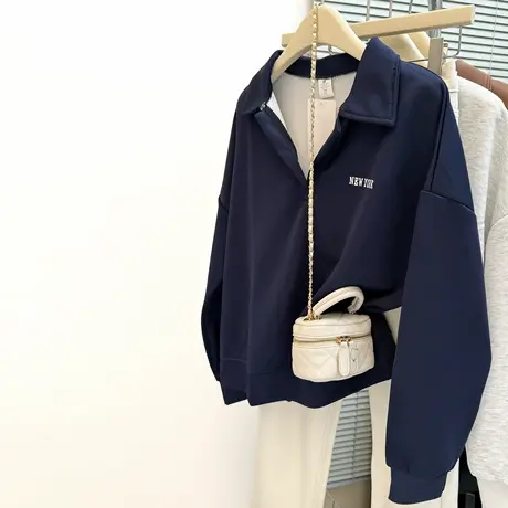 ins超火薄款长袖卫衣女春秋季宽松韩版休闲百搭Polo领上衣外套潮商品大图