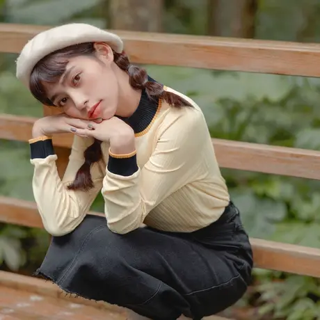 桔熊秋冬季舒适保暖针织衫半高领撞色修身长袖上衣女大码AB16517商品大图