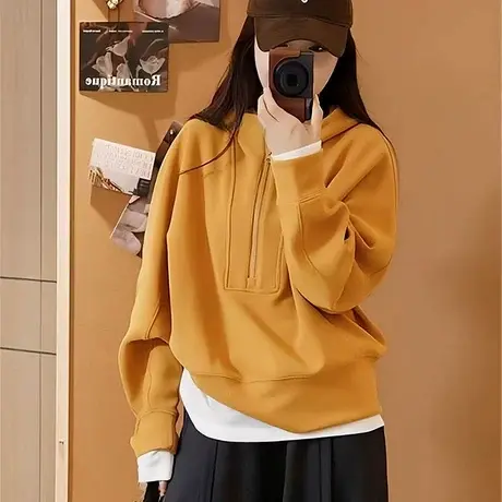 韩版半拉链连帽卫衣女秋季2025新款爆款高级感慵懒风宽松百搭上衣图片