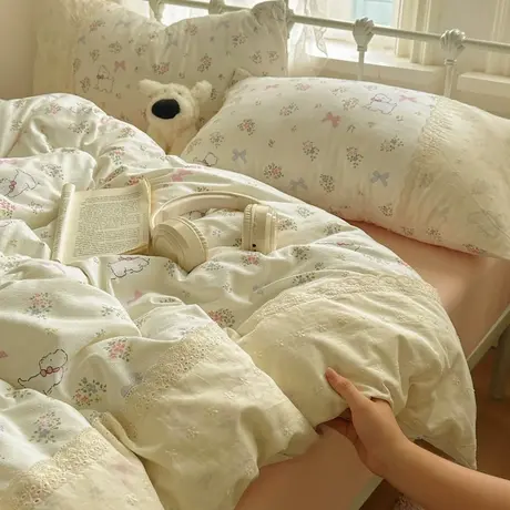 2025新款A类韩系蕾丝花边云感木棉双层纱四件套图片