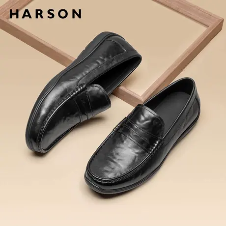 哈森男鞋新款男士休闲皮鞋男全黑商务休闲鞋一脚蹬爸爸鞋真皮软底图片