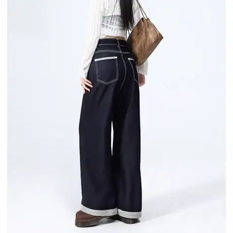 唐狮秋冬季阔腿牛仔长裤女直筒裤脚折边时尚简约风深蓝牛仔裤TD商品大图