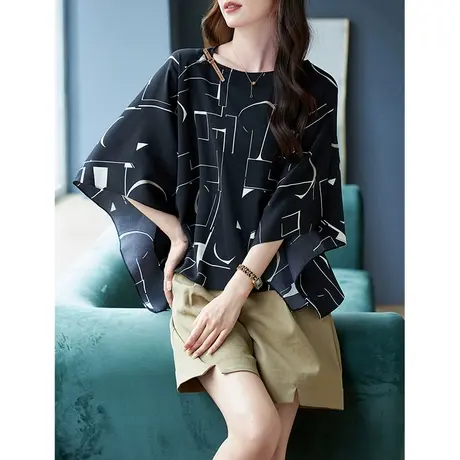 宝诗黎圆领蝙蝠袖大码印花雪纺衫2023夏季新款七分袖小众上衣女装商品大图