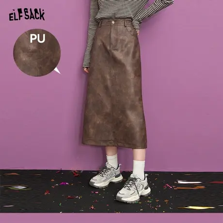 妖精的口袋复古皮裙半身裙女2023冬季新款高腰a字设计感半身长裙商品大图