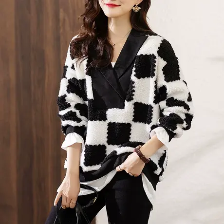 格子v领卫衣女秋冬新款宽松加大码女装胖mm减龄洋气百搭显瘦上衣商品大图