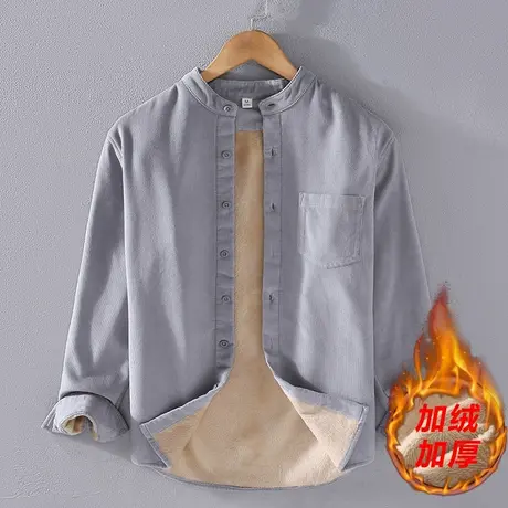 加绒加厚灯芯绒长袖衬衫男秋冬条绒日系复古厚款保暖立领休闲衬衣商品大图
