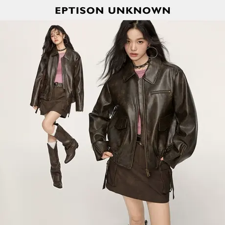 EPTISON外套女2023冬季新款美式复古加厚高级感小个子皮夹克棉服商品大图