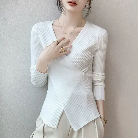 交叉V领长袖打底衫毛衣女修身坑条针织套头保暖大衣内搭上衣秋冬商品大图