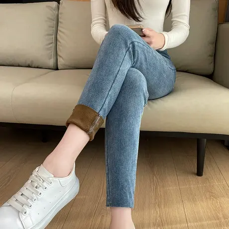 复古牛仔裤女2023年秋冬新款加绒加厚高腰弹力修身显瘦铅笔小脚裤商品大图