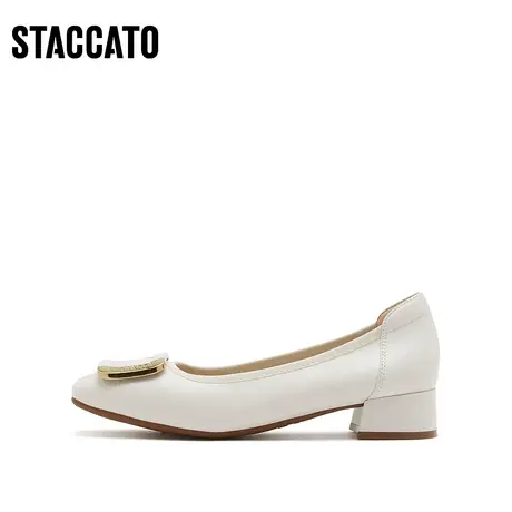 思加图新款豆乳鞋奶油鞋通勤方头中粗跟单鞋高跟鞋女A8811AQ3图片