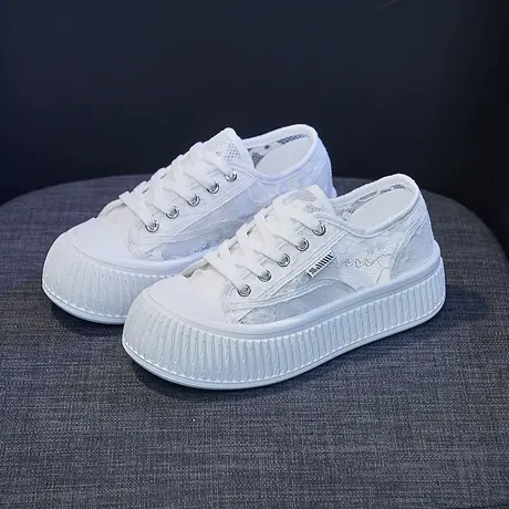 小白鞋女2023新款夏季百搭网纱面蕾丝透气饼干鞋休闲厚底帆布板鞋商品大图