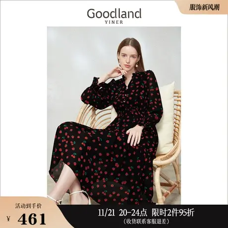 Goodland美地女装2023春季别致樱桃印花黑色长款气质连衣裙图片