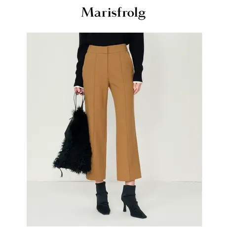 【美利奴羊毛】玛丝菲尔冬季新款桔红色纯羊毛九分直筒气质休闲裤图片