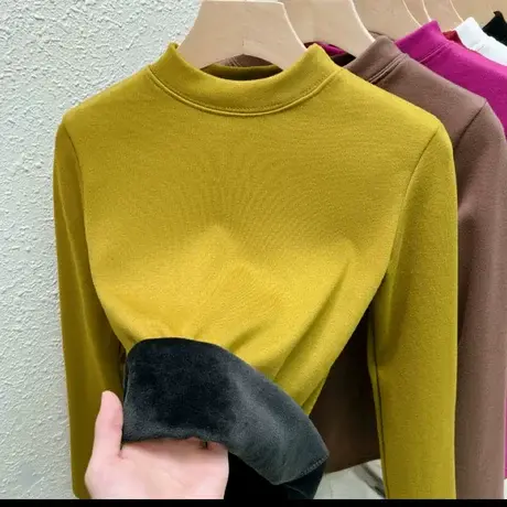 加绒加厚银狐打底衫女秋冬半高领长袖修身内搭洋气立领保暖上衣商品大图