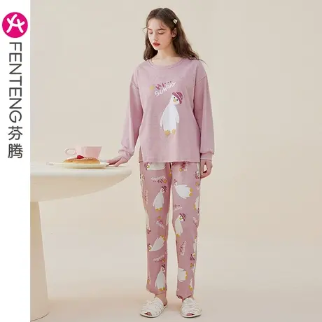 芬腾纯棉睡衣女春秋长袖圆领带胸垫防凸点全棉韩版卡通家居服套装商品大图