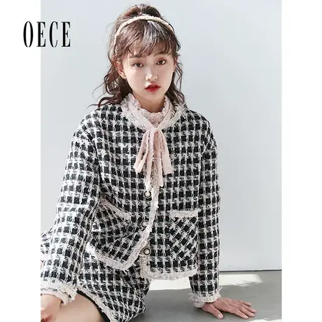 Oece春秋冬装新款女装法式小香风复古格纹气质粗花短外套商品大图