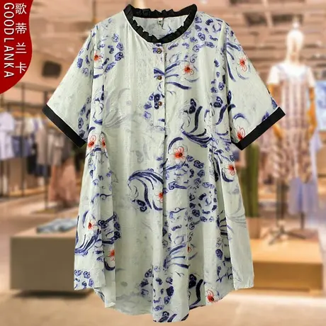 大码中老年妈妈夏装棉麻衬衫裙新款宽松显瘦中长款印花短袖连衣裙商品大图