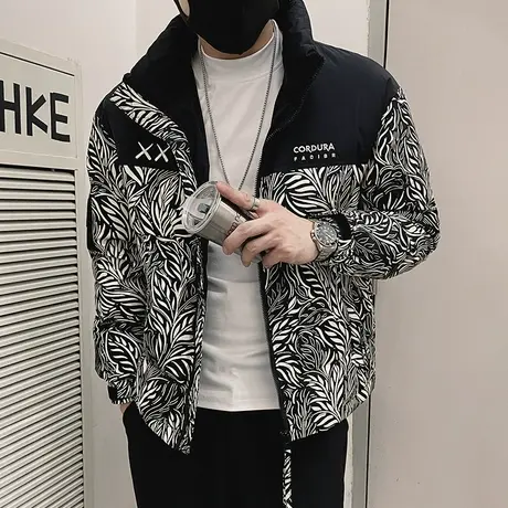 美式重磅拼色花色棉衣外套男冬季新款小众设计感宽松加厚立领棉服图片