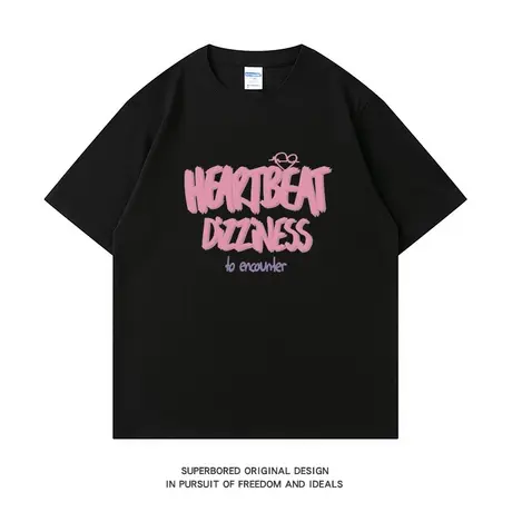 美式复古风涂鸦字母印花纯棉短袖T恤男潮牌街头夏季情侣宽松上衣商品大图