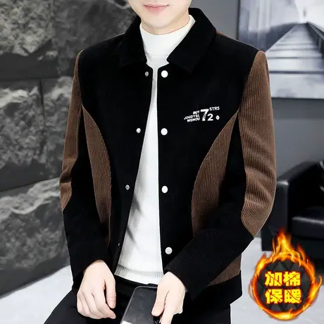 秋冬季加厚夹克男韩版高级感翻领拼接撞色上衣加棉灯芯绒痞帅外套商品大图