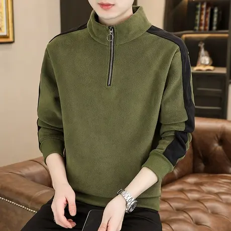 半拉链奥粒绒卫衣男士秋冬季长袖立领POLO衫休闲棉毛秋衣打底衫潮商品大图