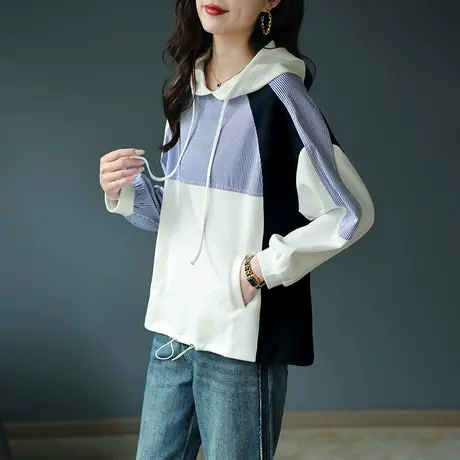 宝诗黎连帽条纹拼接宽松卫衣女潮流新款设计感休闲减龄抽绳短上衣图片