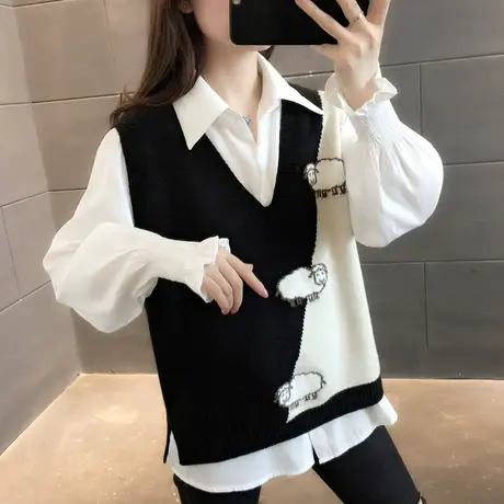 秋装2025年新款宽松拼色V领马甲女韩版春秋薄款坎肩针织背心上衣图片