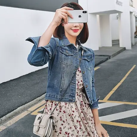 牛仔外套女春秋短款修身韩版新款显瘦长袖牛仔服上衣大码深蓝图片