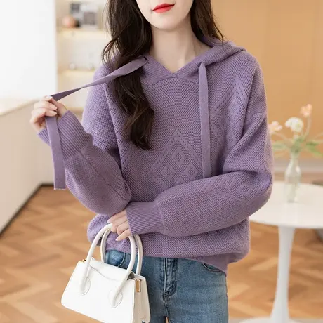 宽松连帽针织衫女秋装2023新款慵懒秋季穿搭上衣薄款休闲卫衣毛衣图片