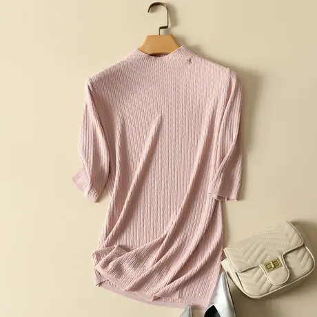 冰丝针织衫女半高领套头修身百搭打底衫薄款气质t恤上衣针织短袖商品大图