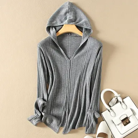 春装新款连帽套头长袖羊毛针织衫女韩版宽松外穿休闲简约毛衣女商品大图