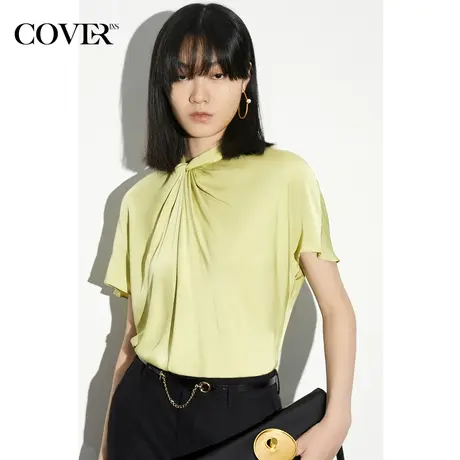 COVER夏季弹力真丝不对称褶皱衬衫图片