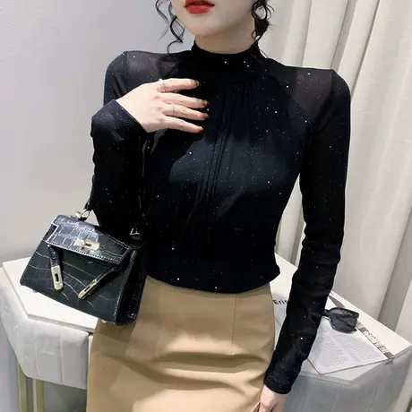性感网纱上衣女士春秋2024新款加绒半高领打底衫修身气质T恤长袖商品大图