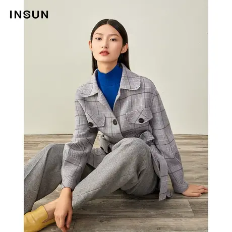 INSUN恩裳冬季翻领收腰格子毛呢外套图片