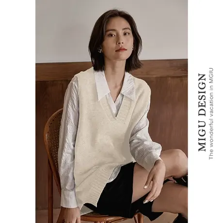 弥古v领针织马甲背心女春秋叠穿毛衣外搭无袖小坎肩宽松显瘦上衣商品大图