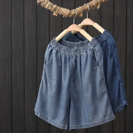 夏季2023新款天丝牛仔短裤女松紧腰宽松显瘦休闲裤薄款五分热裤女图片