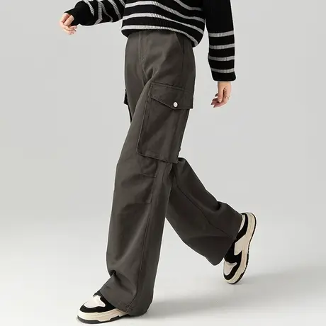 窄版高腰阔腿裤女2023新款秋季显瘦裤子休闲宽松直筒裤美式工装裤商品大图