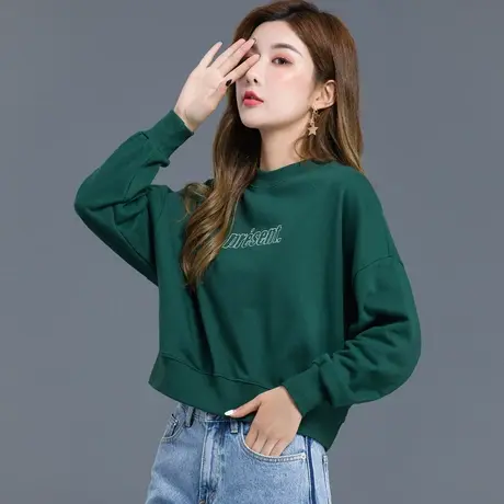 墨绿色短款卫衣女2024新款春秋季休闲女装无帽圆领上衣小个子外套商品大图