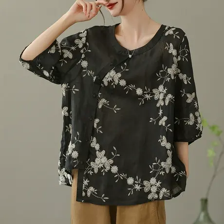 dza 复古绣花苎麻衬衫女2023夏薄款斜襟衬衣休闲宽松棉麻开衫上衣图片