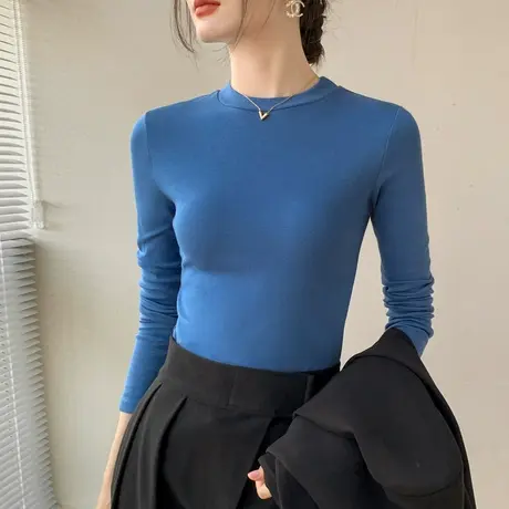圆领长袖T恤女2025早秋新品西装内搭纯棉正肩纯色叠穿简约打底衫图片