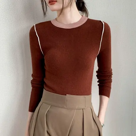 撞色拼接圆领长袖针织衫女2023秋冬新款设计感小众修身羊毛打底衫图片