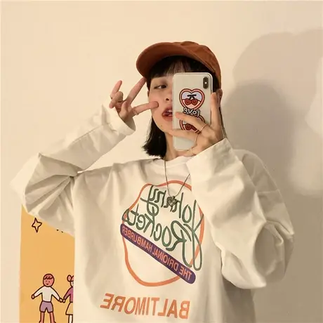 红续2020新款韩版春秋薄款宽松oversize炸街慵懒风纯棉长袖卫衣女商品大图