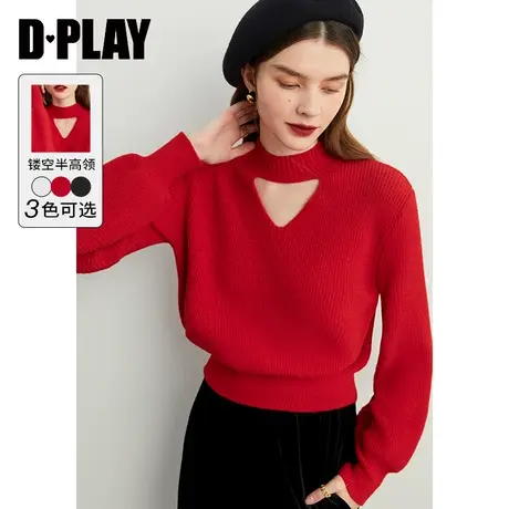 DPLAY秋装圣诞新年复古正红软糯细腻仿貂毛镂空半高领套头毛衣图片