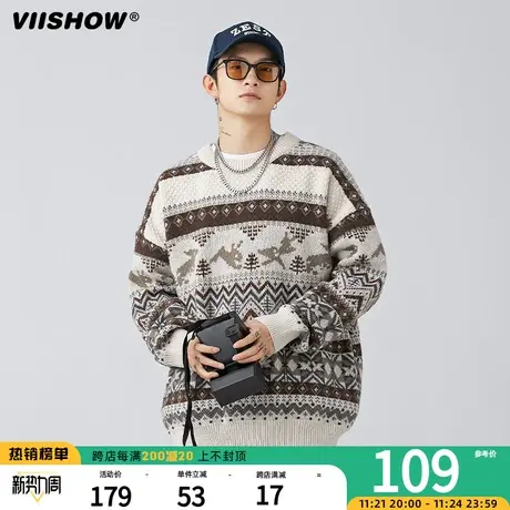 VIISHOW日系复古民族风撞色圆领针织衫男日系慵懒风百搭休闲毛衣图片