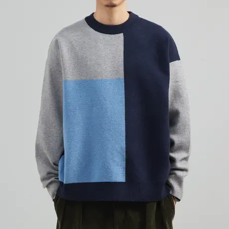 奕飏撞色圆领毛衣男2022秋冬新款潮流线衣韩版加厚针织衫打底毛衫商品大图